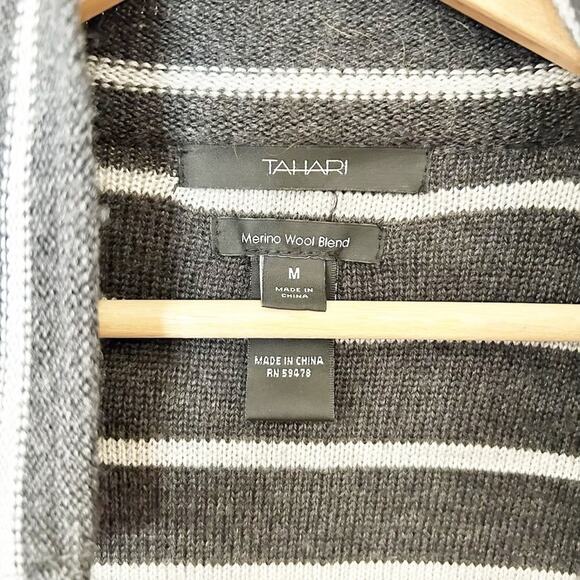 Tahari Merino Wool Blend Striped Cardigan Gray White Button-Front Pockets Sz S - Picture 2 of 6